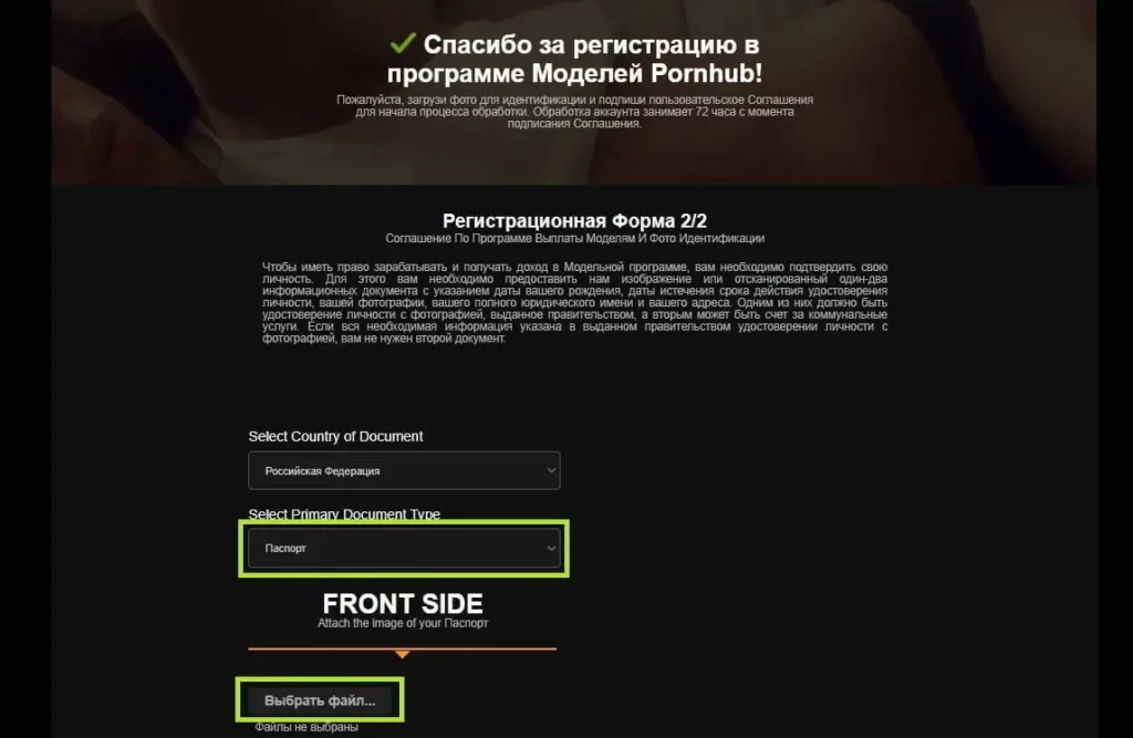 Заявка модели Pornhubs, подтверждение для выплат