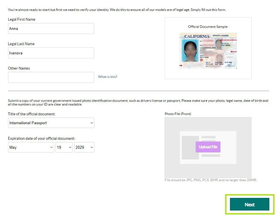 Cams.com регистрация моделью, верификация документов